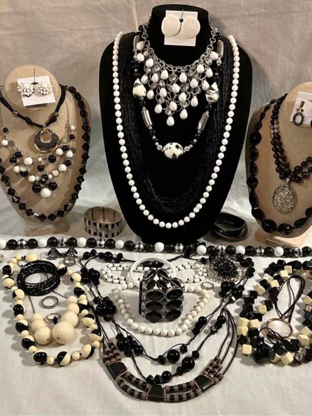 Large Black White & Cream Statement Jewelry Lot Necklaces Earrings Bracelets